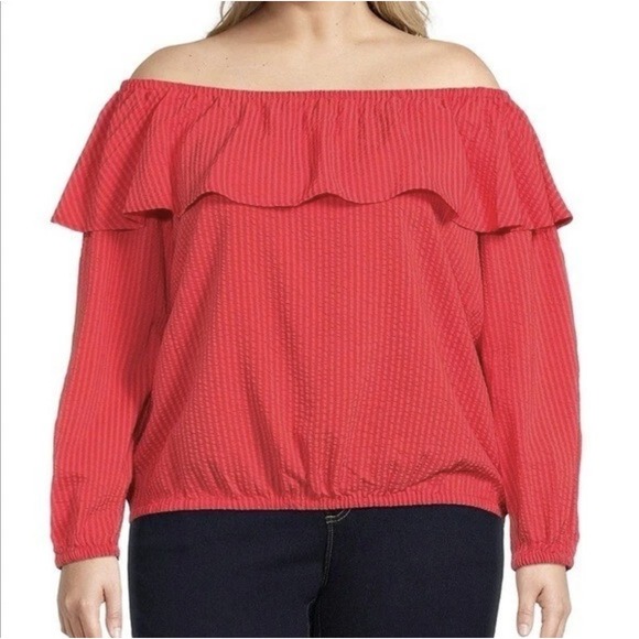Michael‎ Kors Seersucker Blouse Medium Sangria Pink Ruffle Off Shoulder NWT - Picture 1 of 8